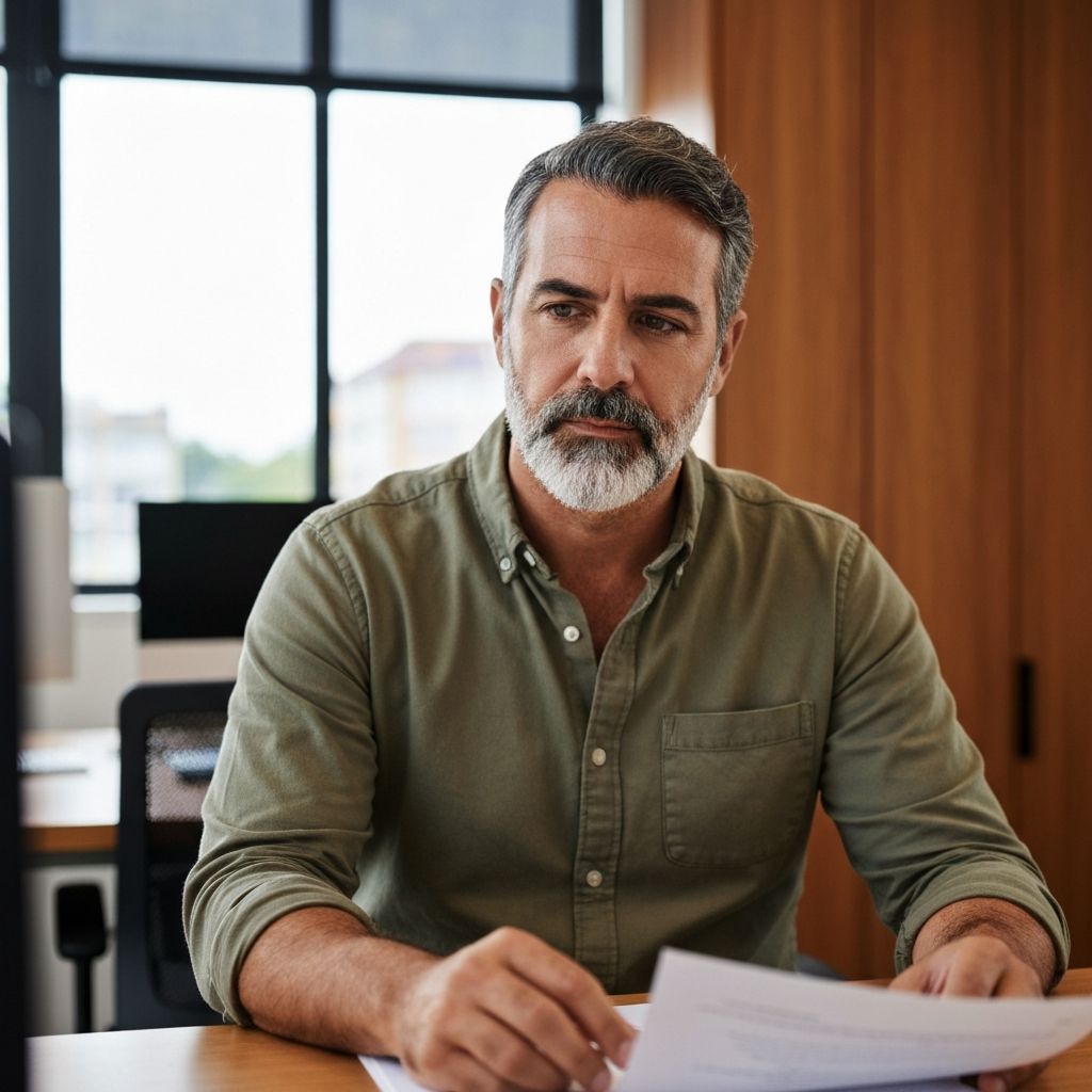 Homem na faixa dos 30 anos com expressão pensativa em um ambiente de escritório